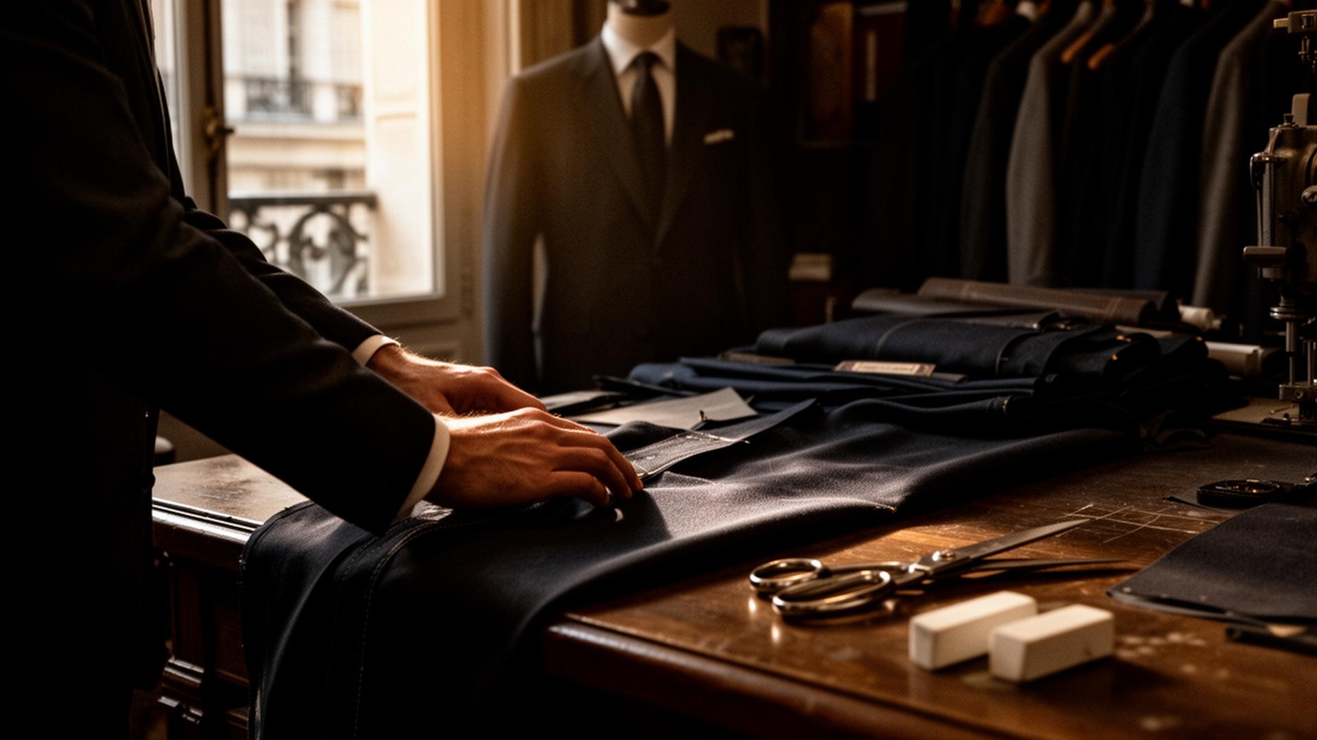 A tailor's hands working on dark cloth inside the Lanoir atelier in Paris