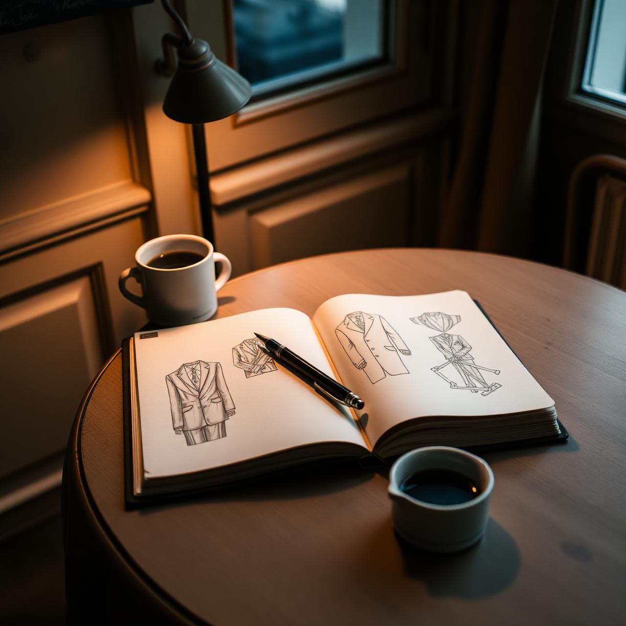 An open sketchbook with hand-drawn suit illustrations on a Paris kitchen table