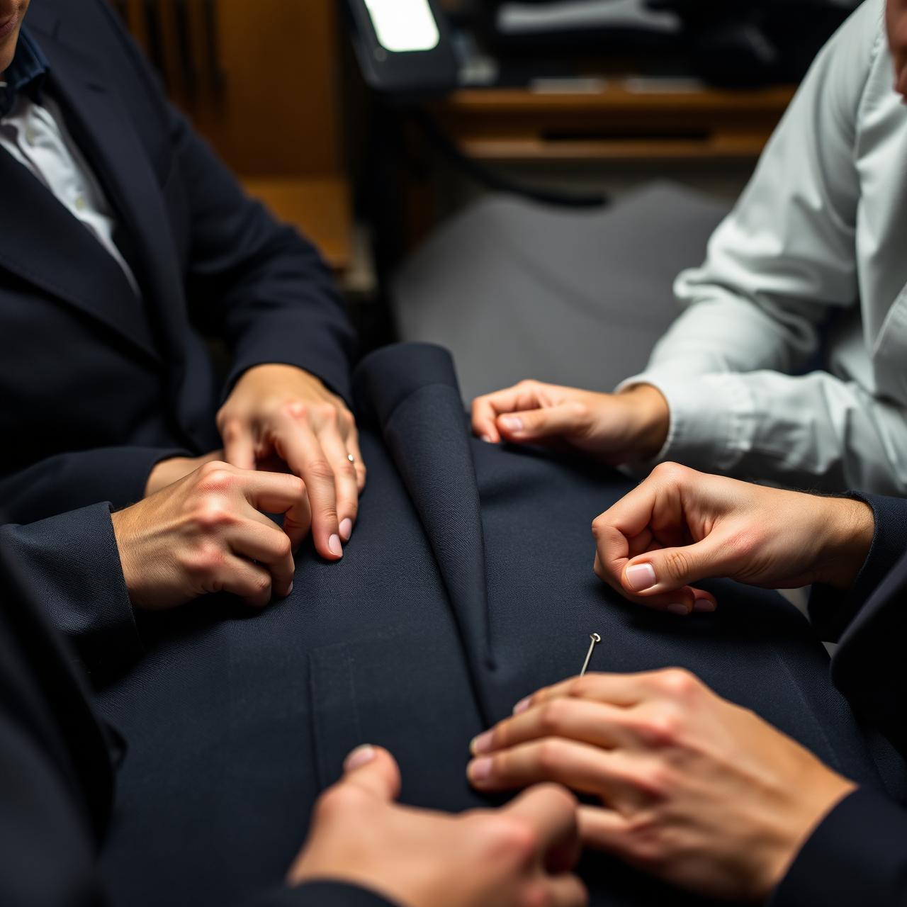 Four pairs of tailor's hands working in unison on a navy suit jacket