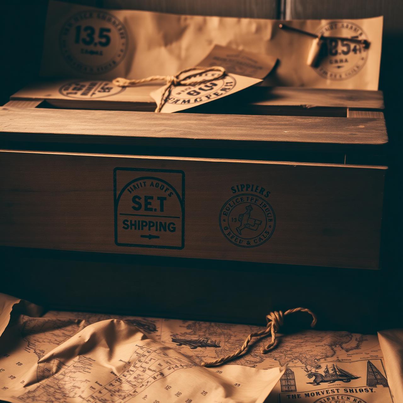 A wooden shipping crate stamped with vintage shipping marks atop a folded antique world map