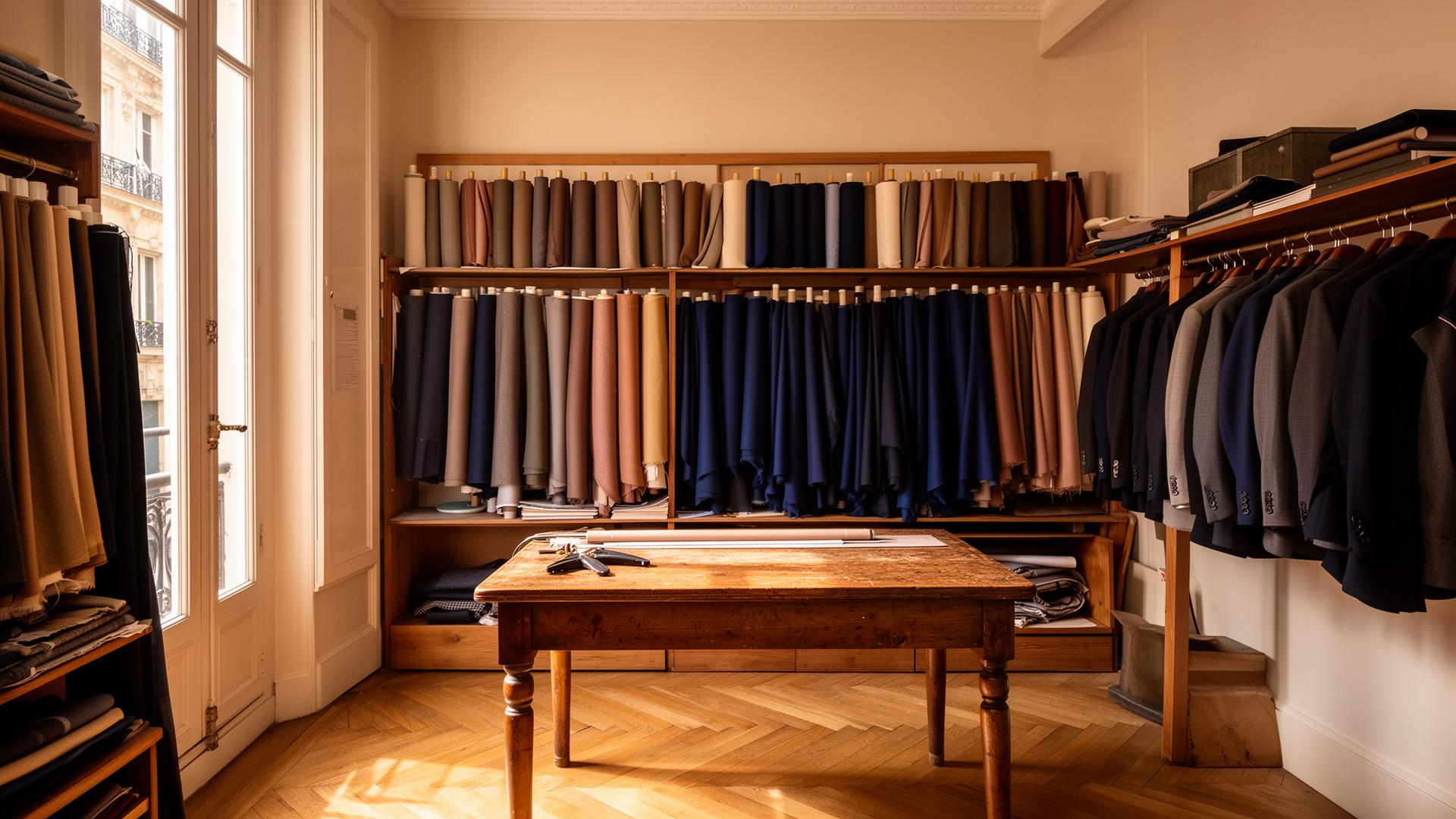 The Lanoir atelier interior with wooden shelves of cloth and a central cutting table