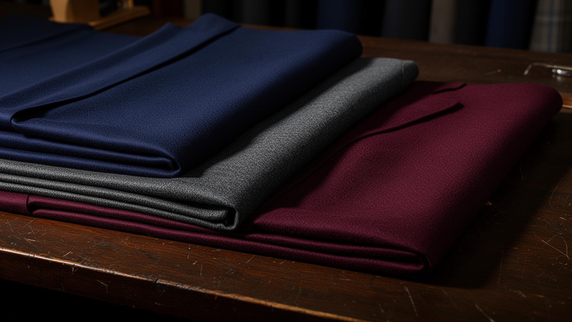 Stacked luxury wool fabrics in navy, charcoal and burgundy on a tailor's table