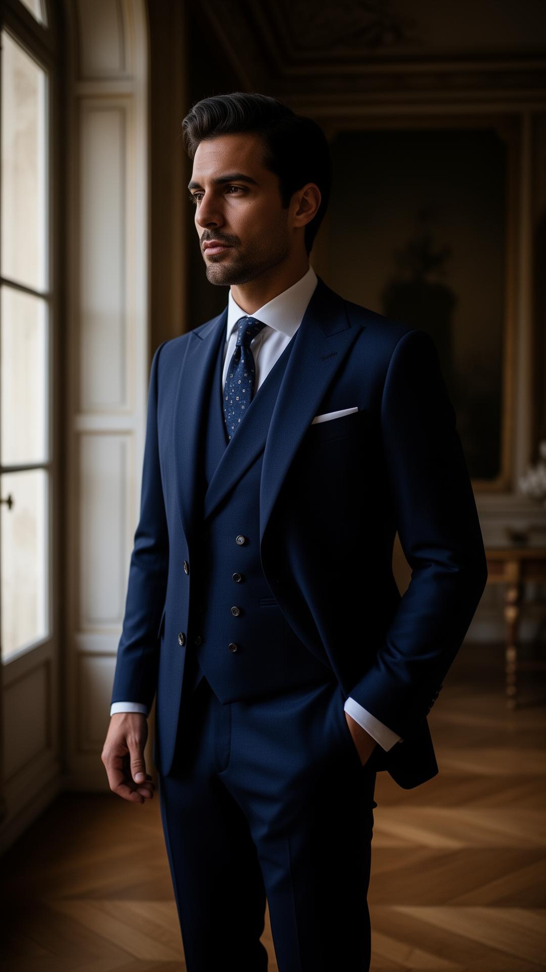 Groom in a deep navy bespoke three-piece wedding suit by Lanoir