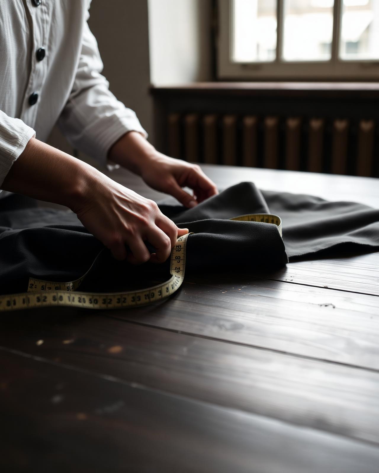 A tailor's hands measuring cloth at the Lanoir atelier