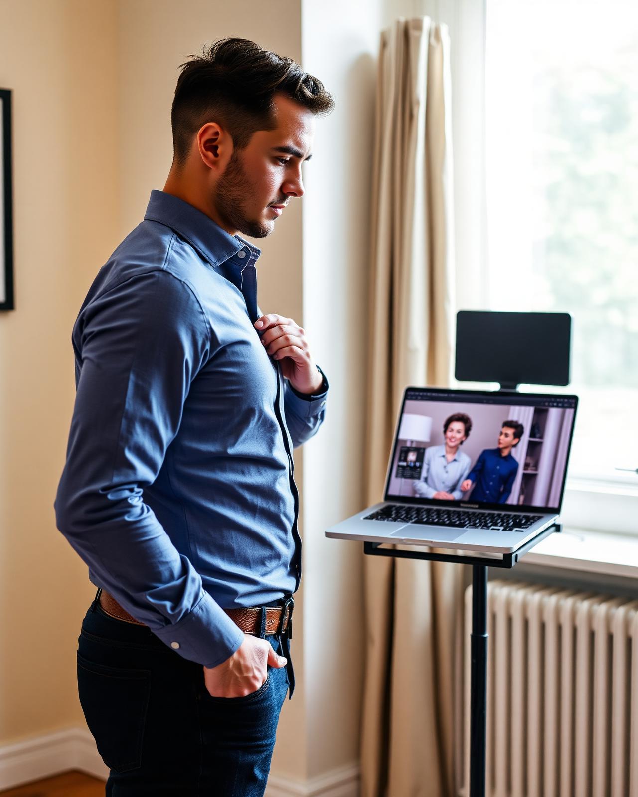 A groom being remotely measured at home
